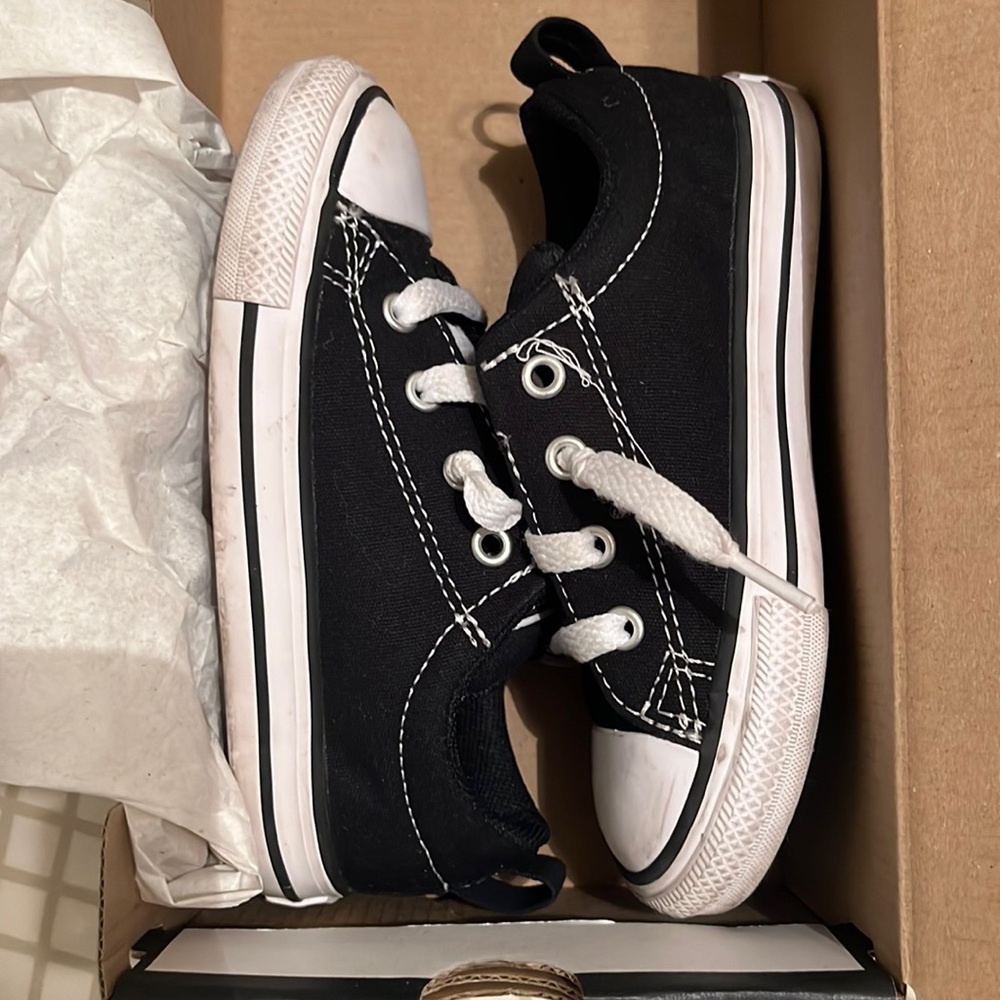 Toddler converse sneakers. Only worn twice, like new. Black and white slip on
